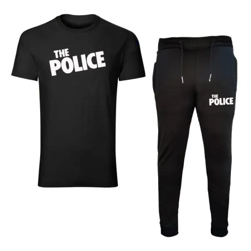 ست تیشرت آستین کوتاه یقه گرد و شلوار مردانه طرح polis مدل e4656 مشکی جنس نخ کمر کش دم پا کش