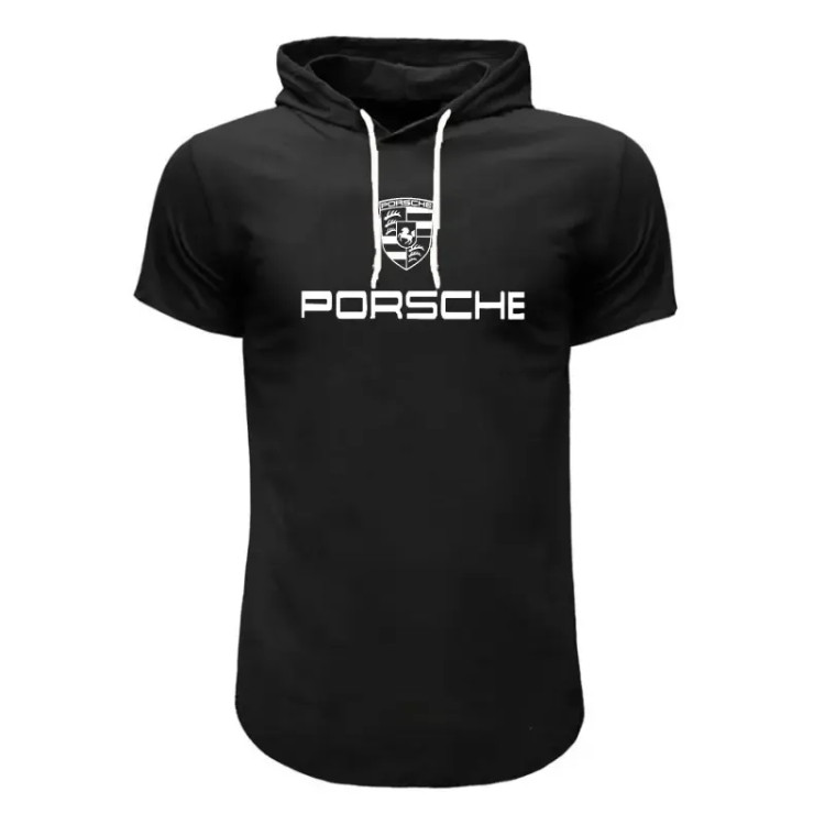 تیشرت کلاه دار مردانه طرح Porsche مدل F8057 مشکی قرمز سفید